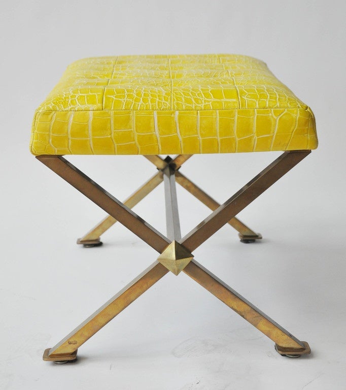 20th Century Midcentury Brass X-Frame Bench with Yellow Alligator Button Tufted Top