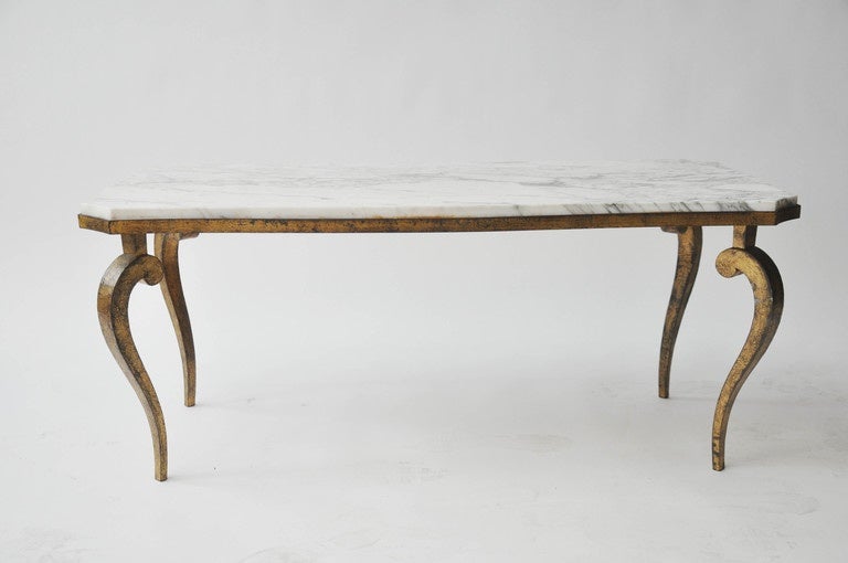 French 1940s table with gold-leafed wrought iron cabriole legs and white marble top, by Maison Ramsay.