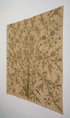 Vintage Embroidered Botanical Textile Panel with Metallic Thread