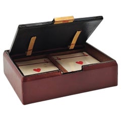French Burgundy Stitched Leather & Brass Cards Box, 1970s