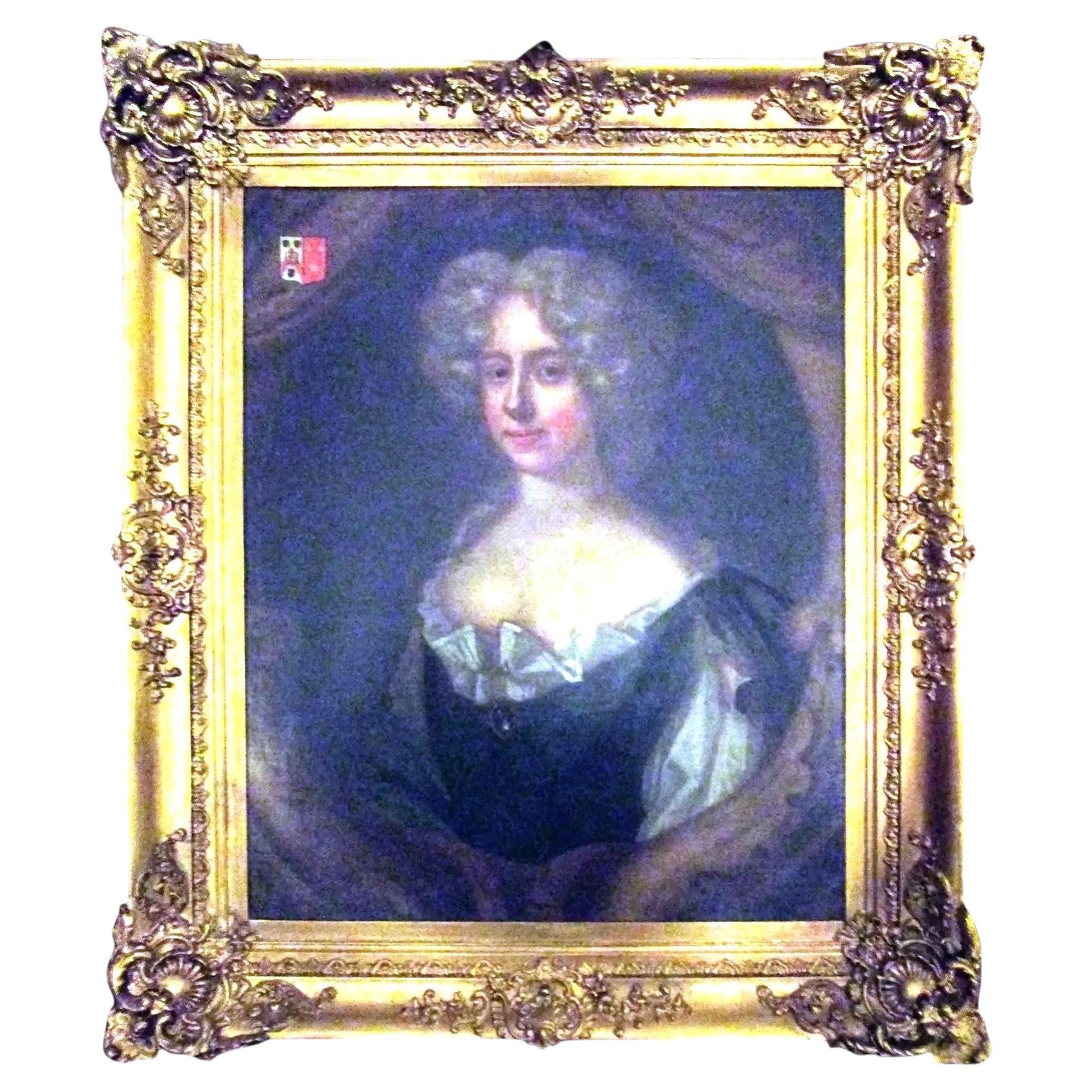 English Titled 18th c Lady with Coat of Arms  Portrait  Oil Painting Gilt Frame For Sale