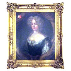 English Titled 18th c Lady with Coat of Arms  Portrait  Oil Painting Gilt Frame