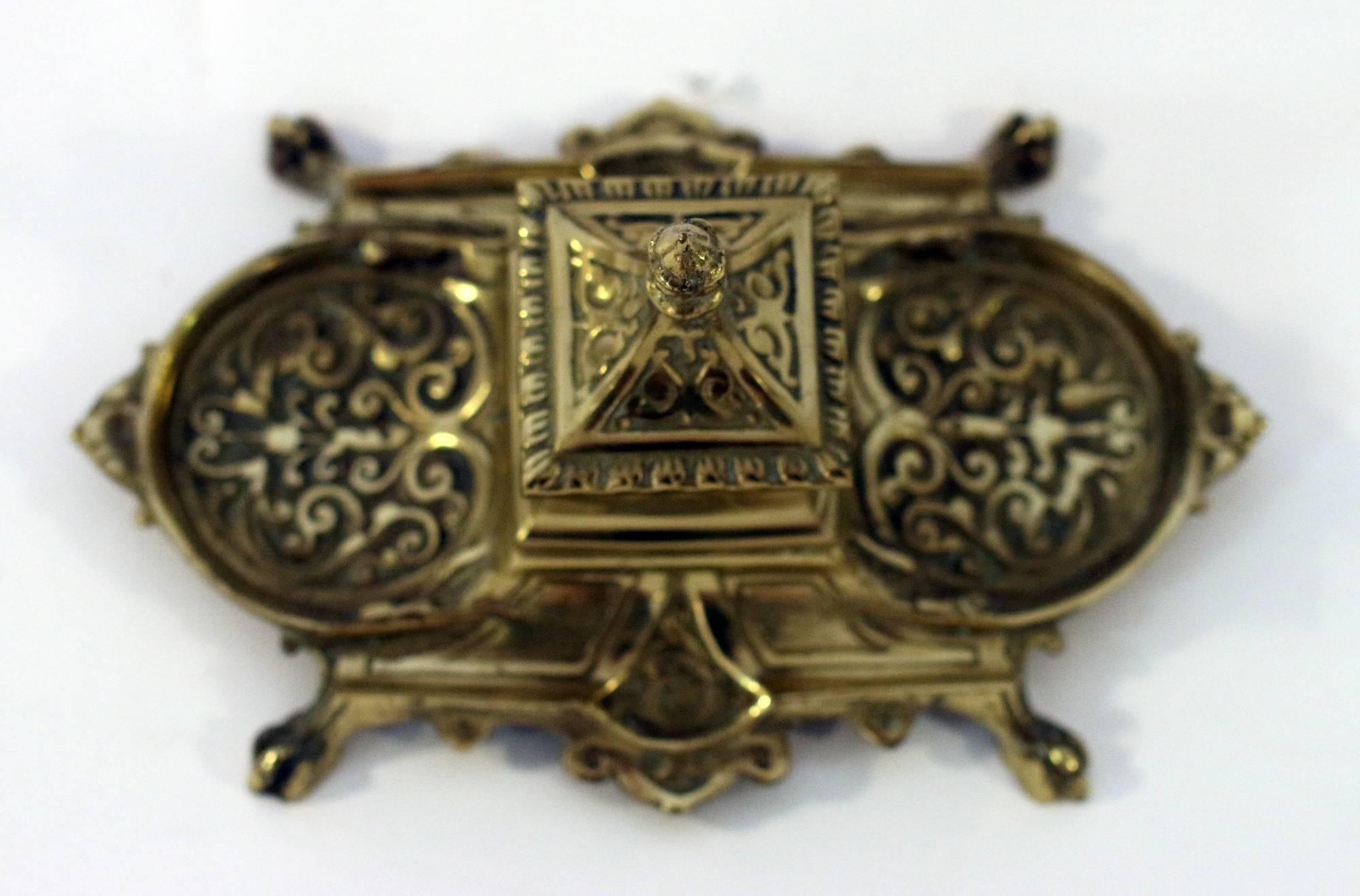 19th Century French Scrolled Repousse Inkwell In Excellent Condition In Savannah, GA