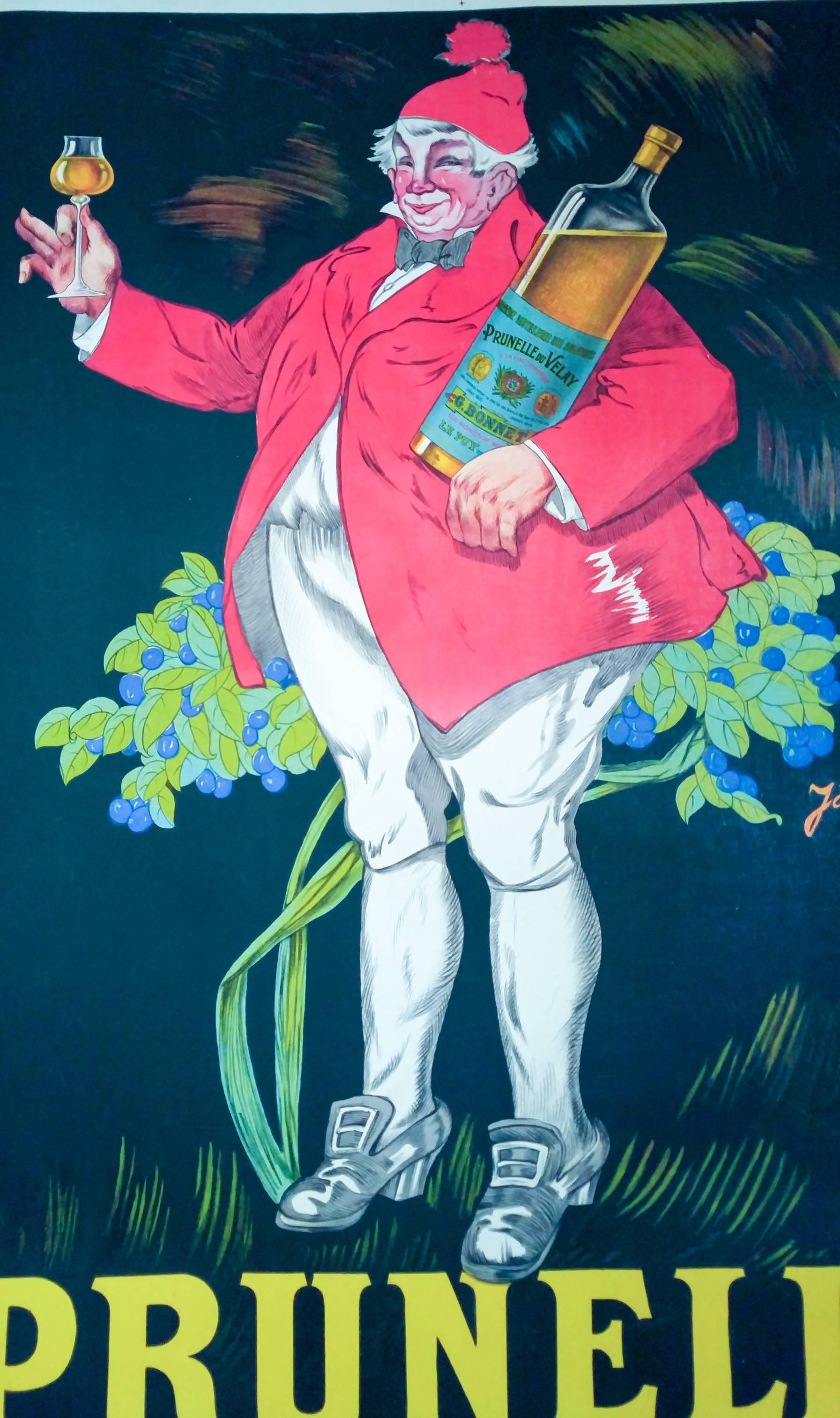 Original very large size unframed vintage advertising poster created in 1922 in France by artist Henri Jarville depicting a country gentleman enjoying Prunelle liqueur. The bold artwork and Fine attention to detail combine to captivate the viewers