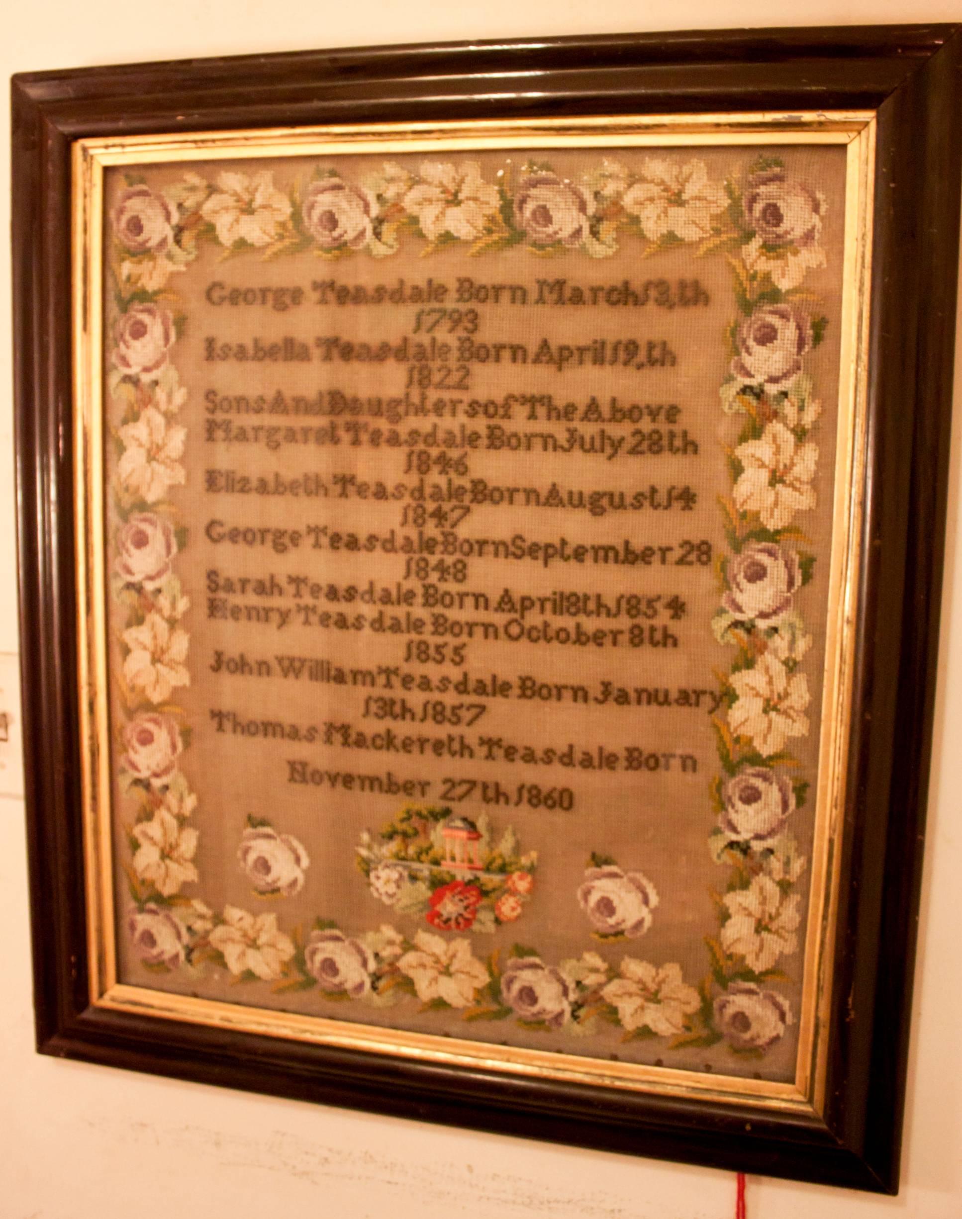 High Victorian  Needlepoint Sampler English Victorian Framed 1793 to 1860  Family Dates