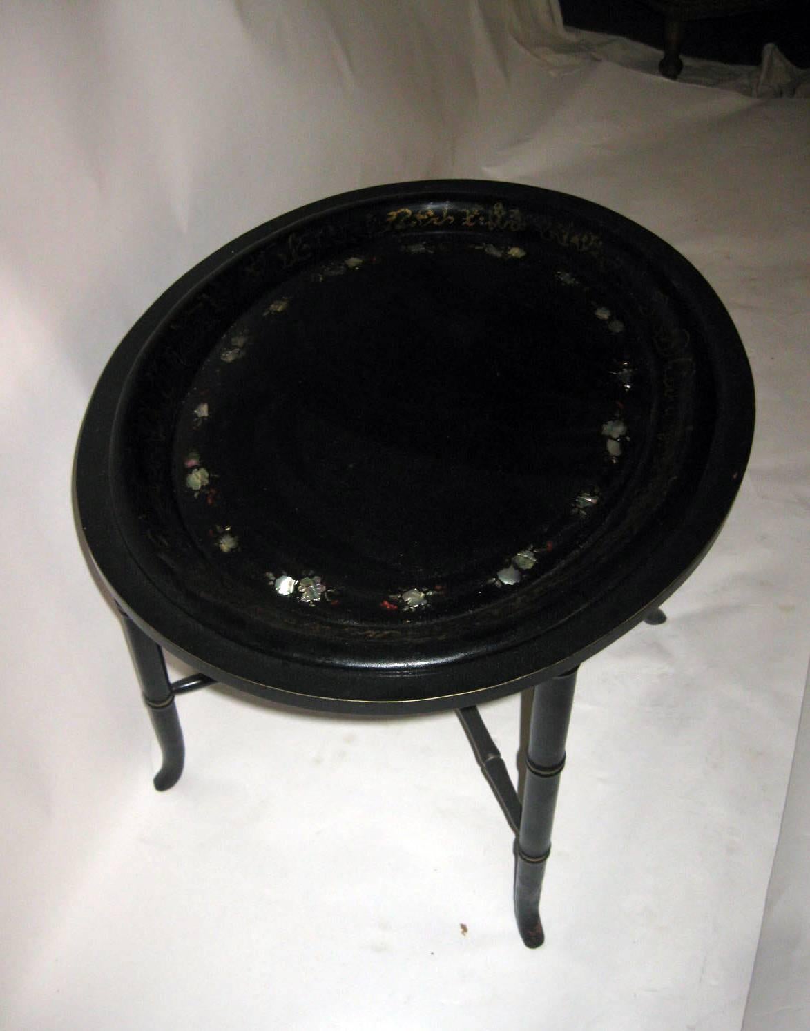 19th century English Black Lacquer and Gilt  Papier-Mache Tray on Stand For Sale 2