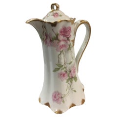 Antique Haviland Limoges French Chocolate Pot w/ Pink Rose Motif 
Ribbon Handle