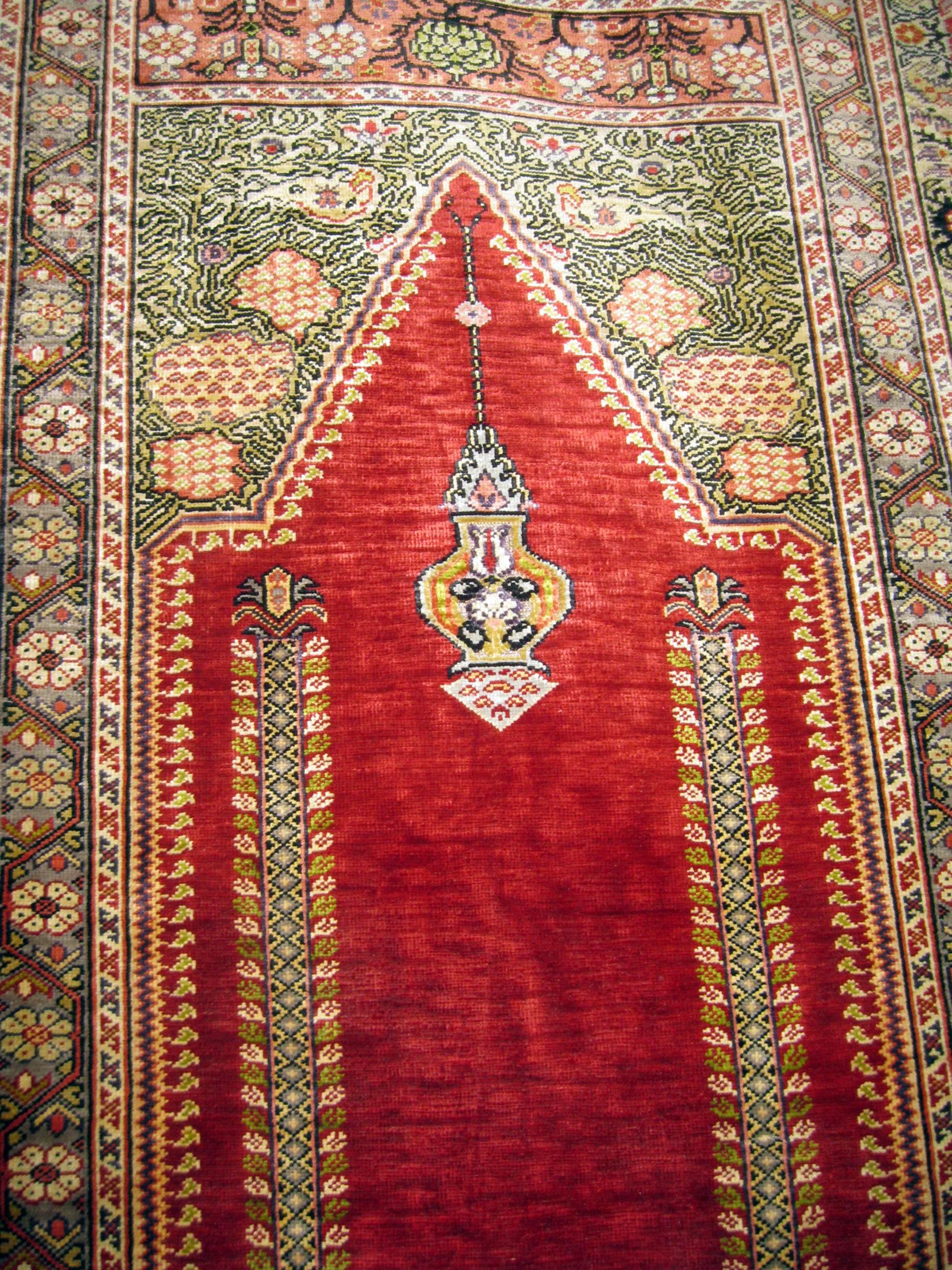 Hand-Knotted 20th century Turkish Silk Ghiordes Prayer Rug