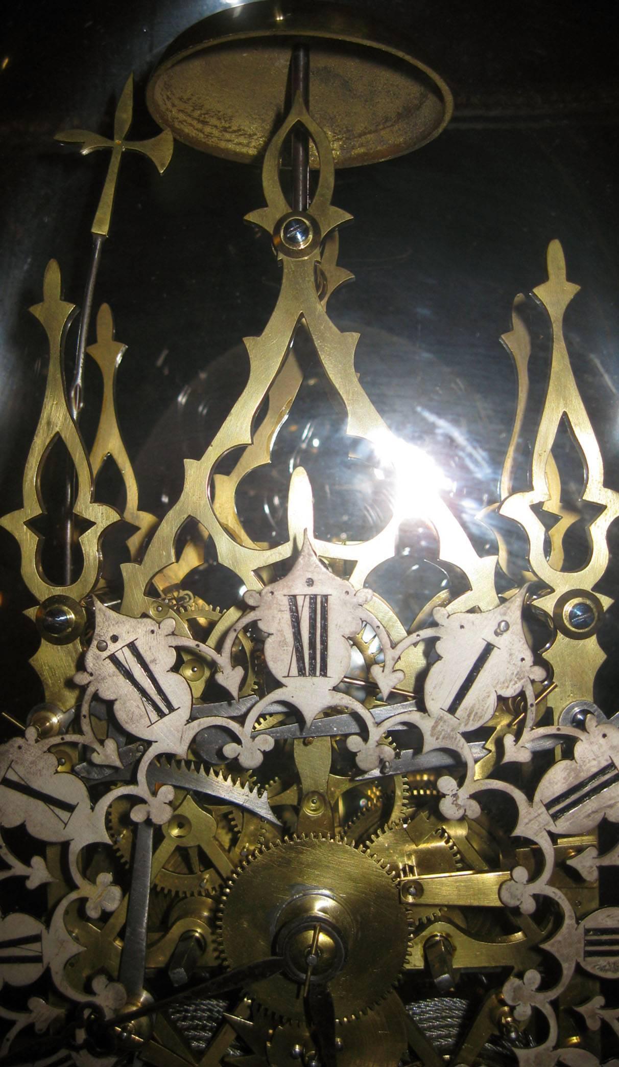 19th century Brass Skeleton Clock Under Dome 2