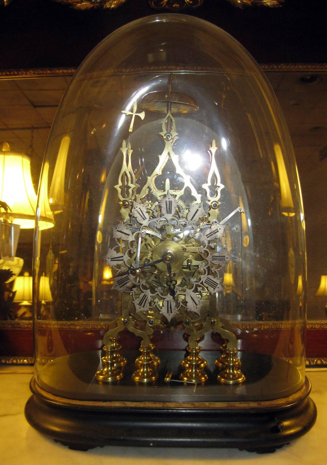 19th century Brass Skeleton Clock Under Dome 1