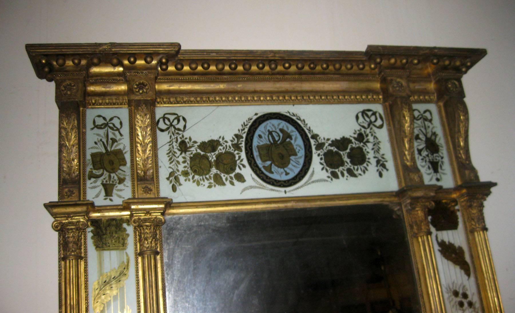 19th century American Classical Federal Monumental Eglomise Overmantel Mirror For Sale 3