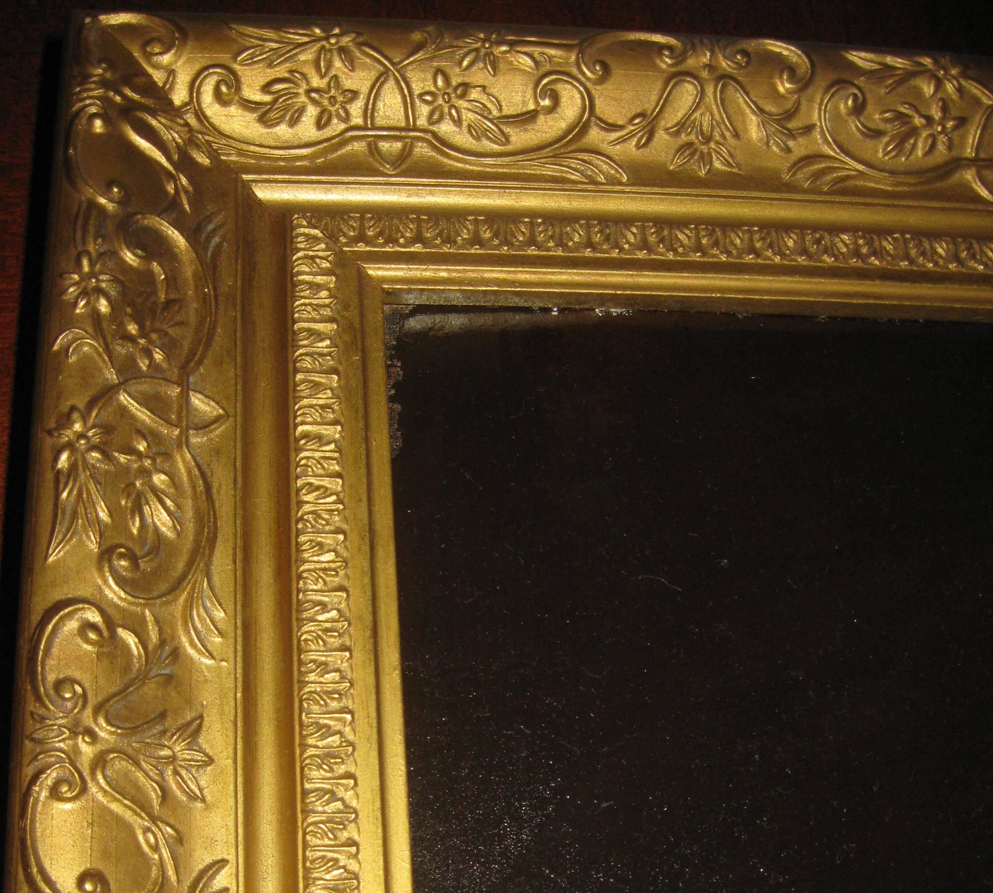 Unsigned oil painting featuring little girl holding a bunch of grapes. Whimsical and almost primitive presentation with contrasting antique decorative gold gilt frame. See measurements below.
