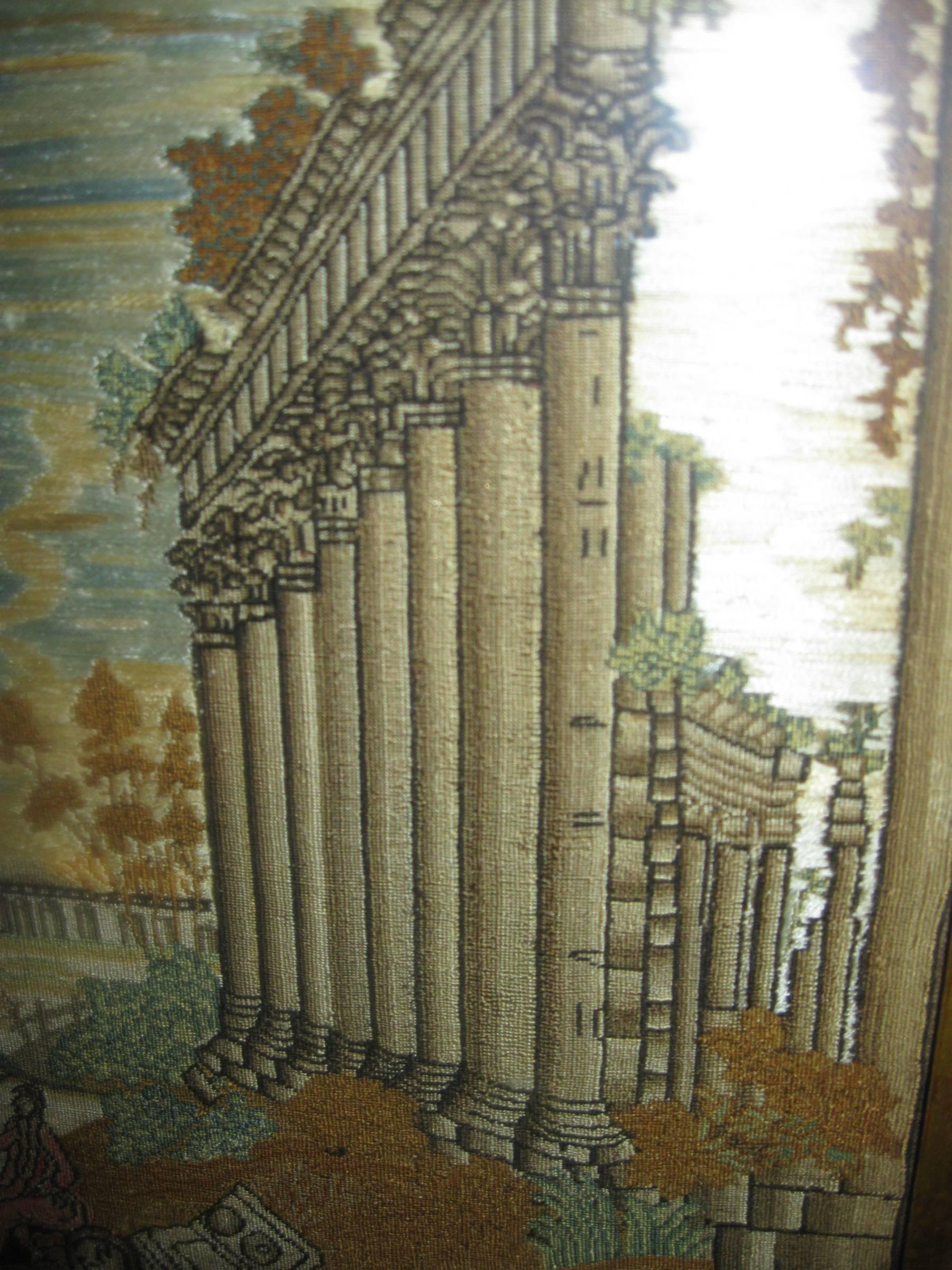 Lebanese 19th Century Silk Needlework North View of Quadrangle Ruins of Baalbek
