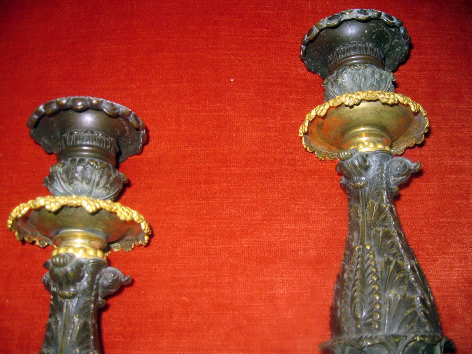 19th century Charles 'X' French Gilt and Patinated Bronze Candlestick, Pair In Good Condition For Sale In Savannah, GA