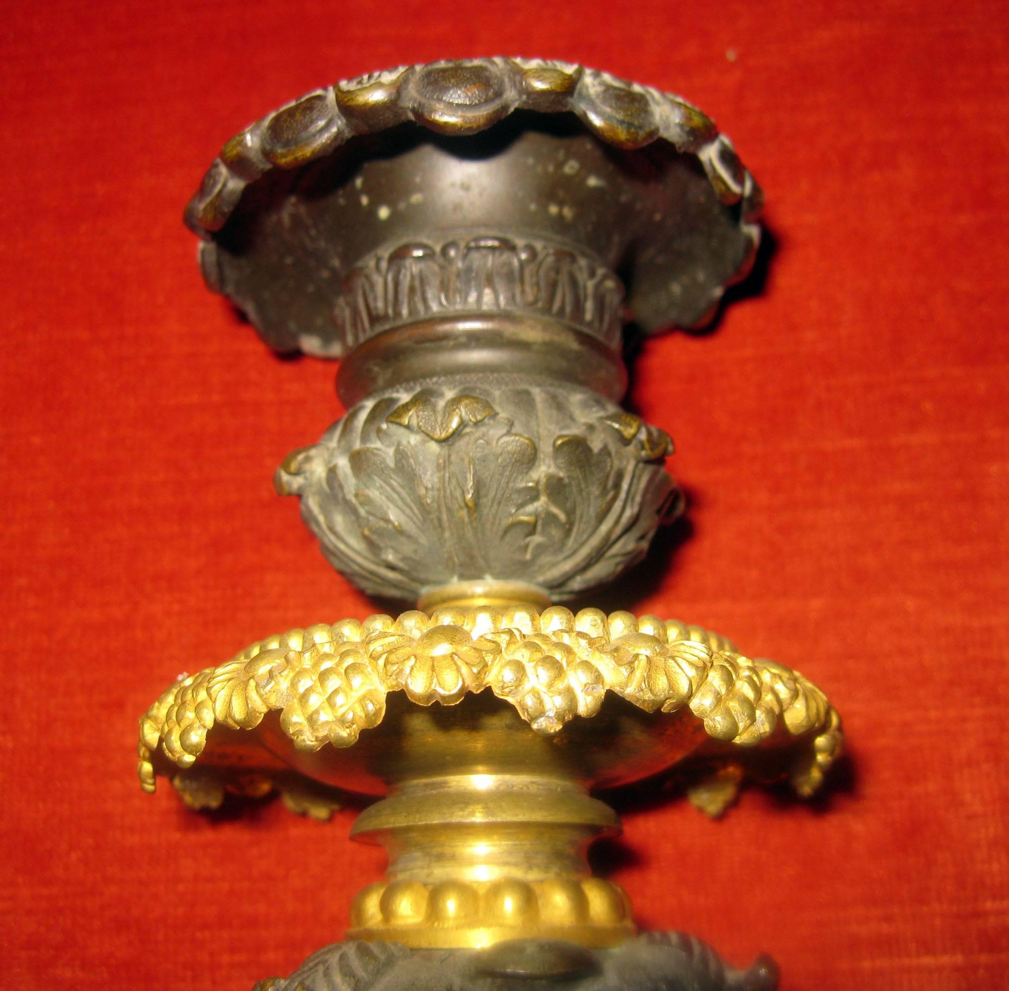 Early 19th Century 19th century Charles 'X' French Gilt and Patinated Bronze Candlestick, Pair For Sale