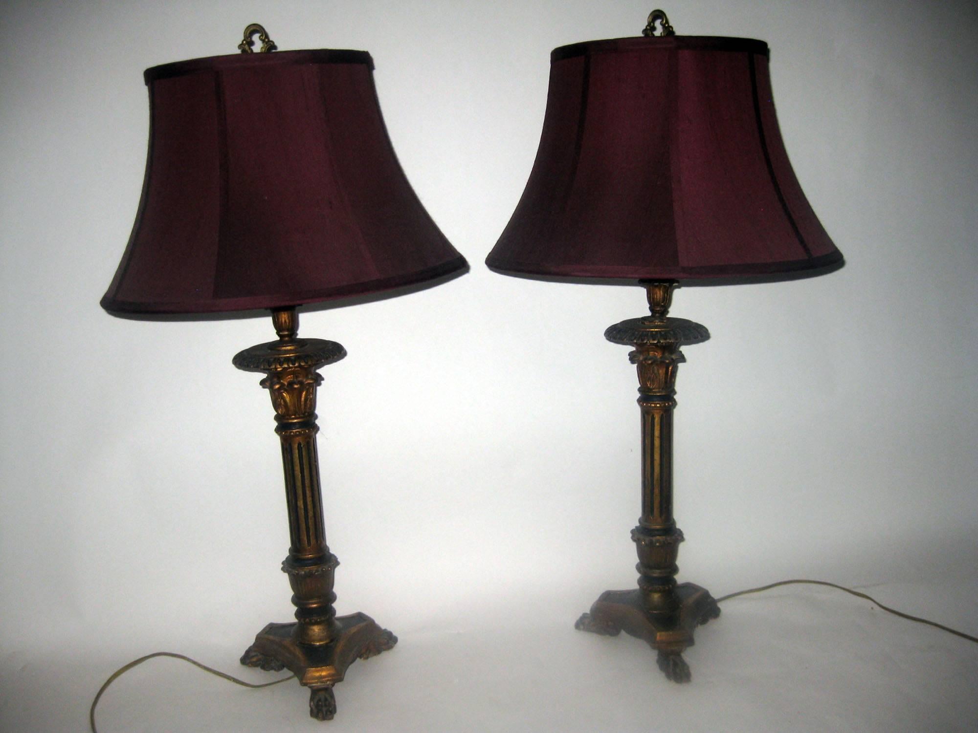 19th century Giltwood Converted Candlestick Lamp Pair For Sale 1