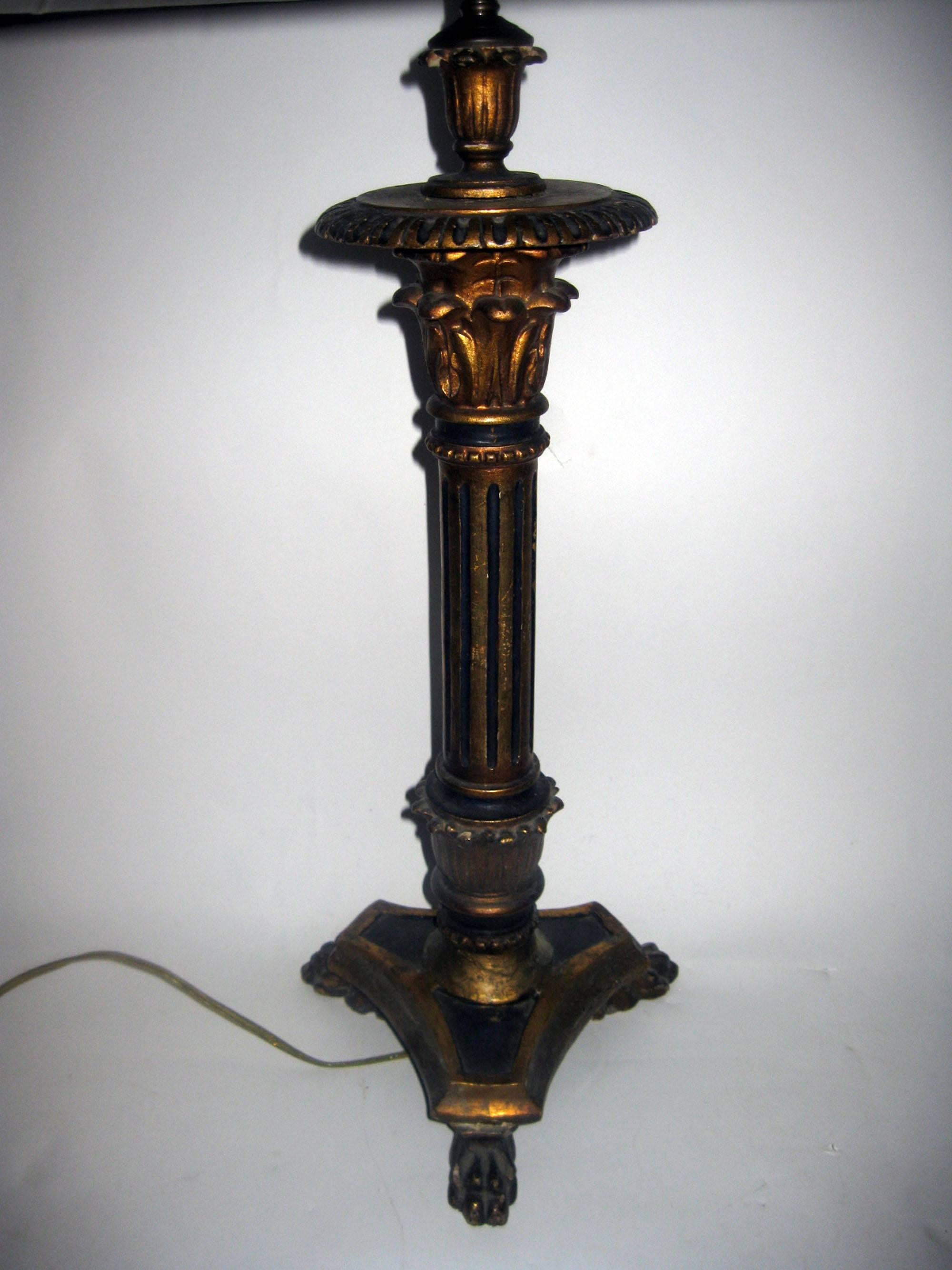 Neoclassical 19th century Giltwood Converted Candlestick Lamp Pair For Sale