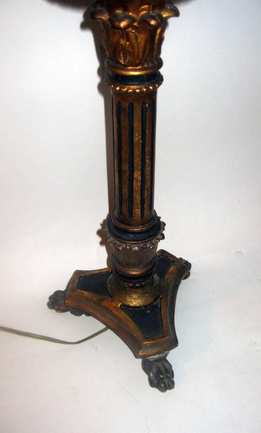 19th century Giltwood Converted Candlestick Lamp Pair In Good Condition For Sale In Savannah, GA