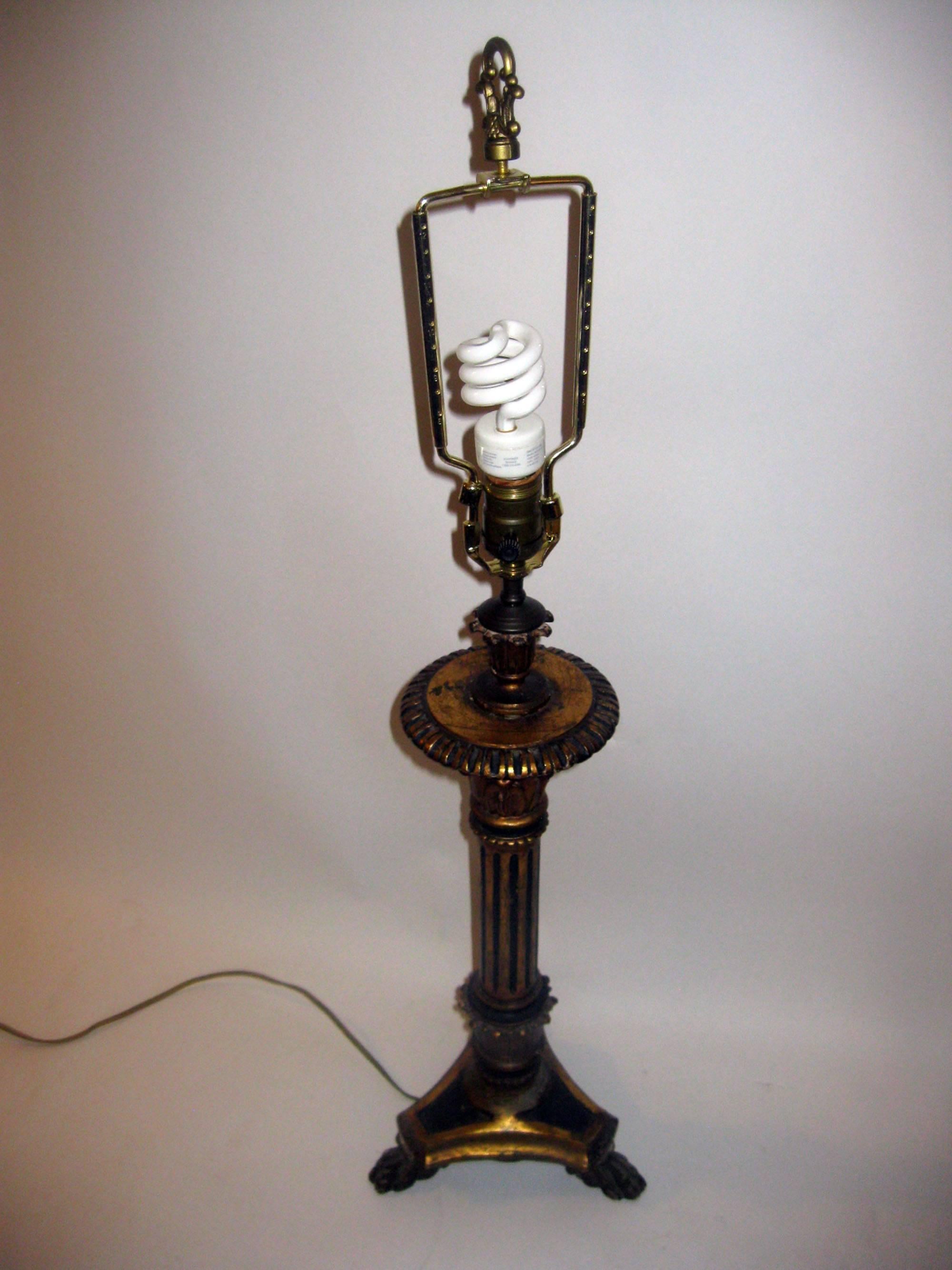 Silk 19th century Giltwood Converted Candlestick Lamp Pair For Sale
