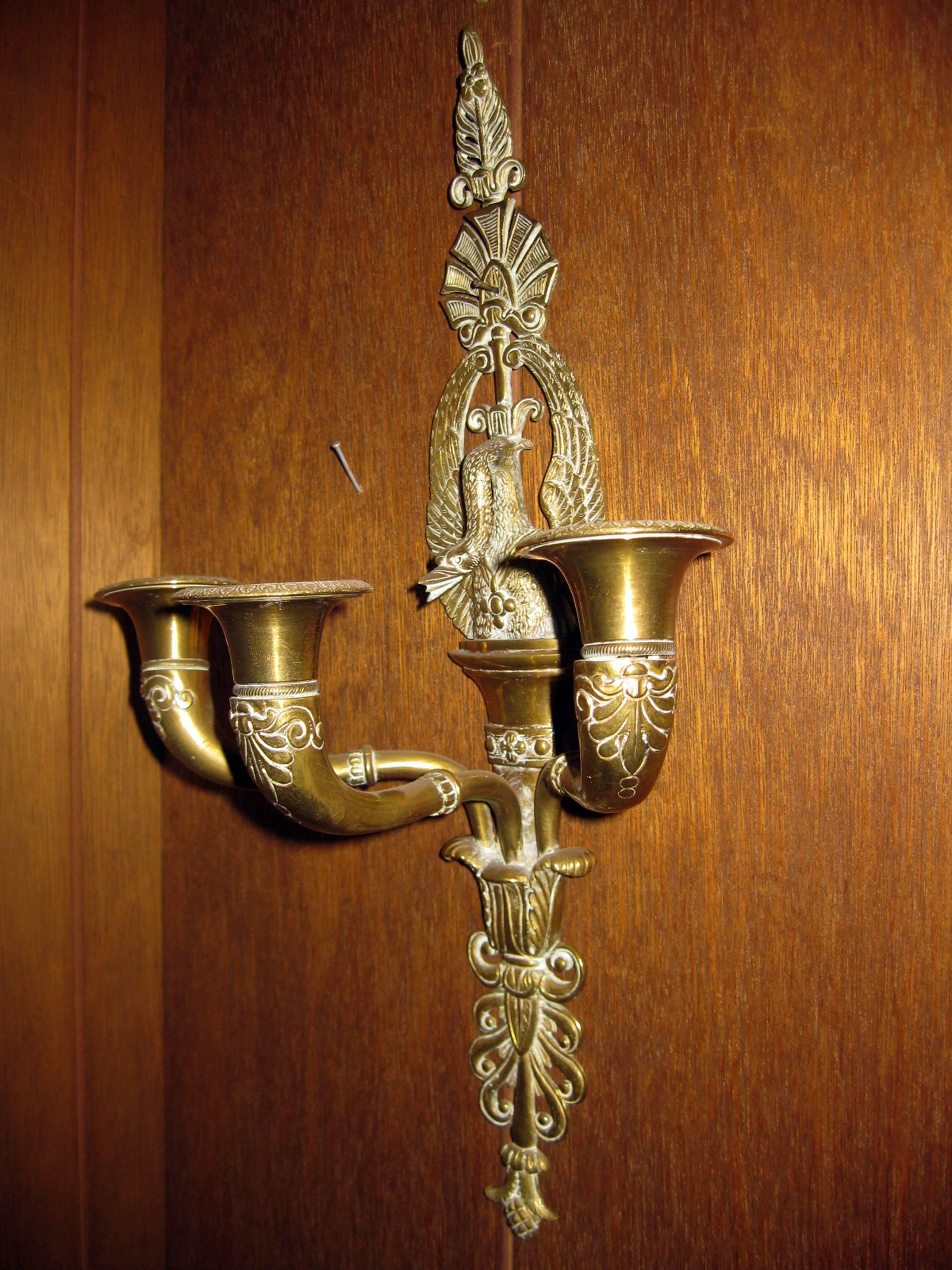 Embossed 19th century French Empire Swan Motif Sconce Pair For Sale