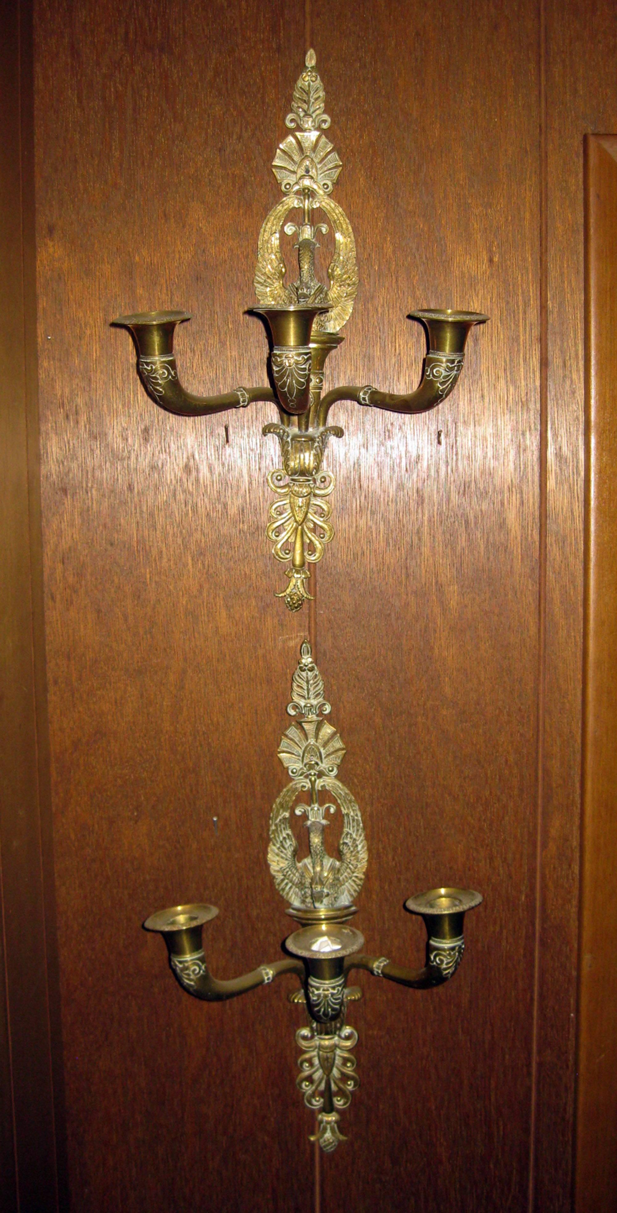 Brass 19th century French Empire Swan Motif Sconce Pair For Sale