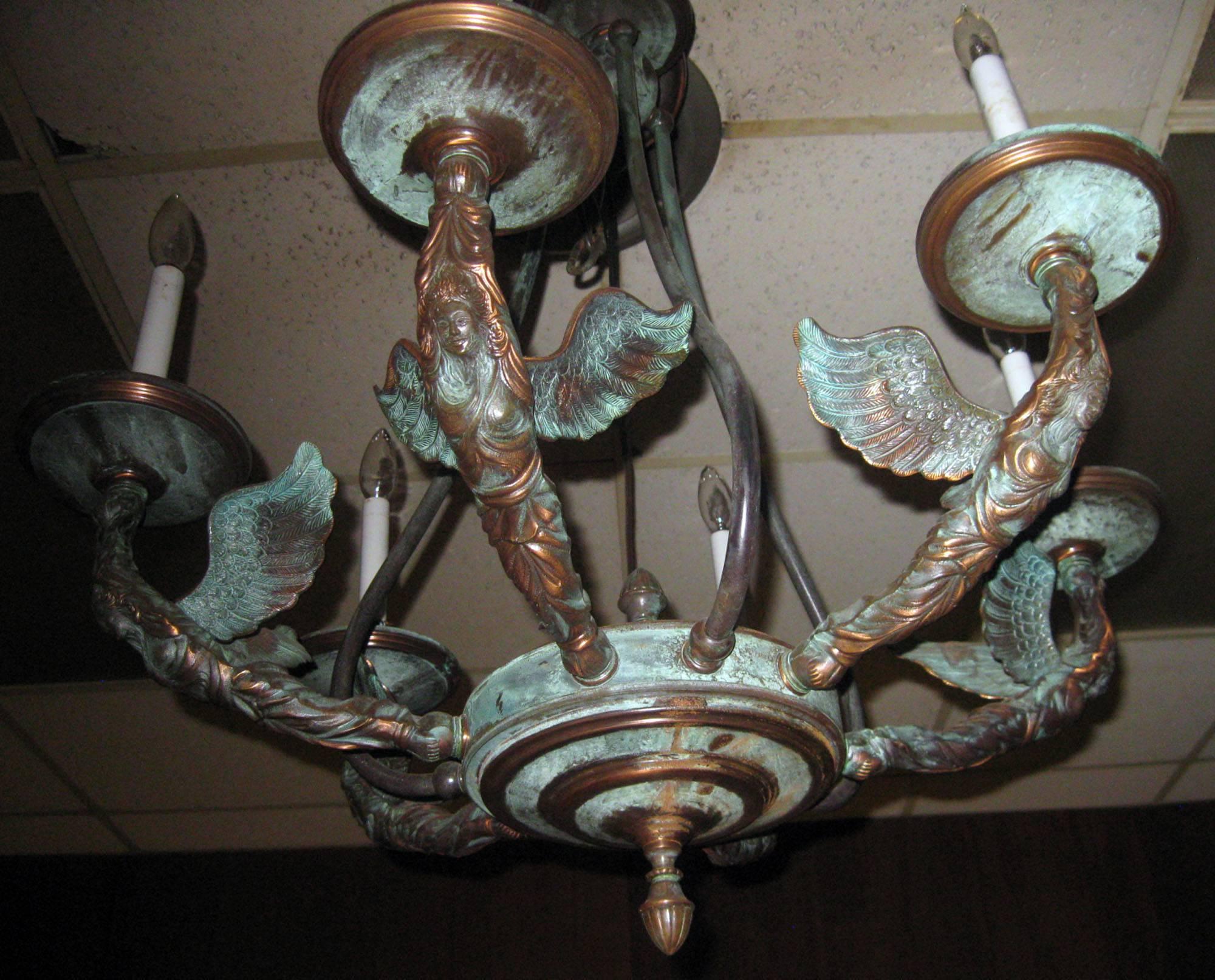 Neoclassical French Empire Patinated Bronze Figural Chandelier For Sale