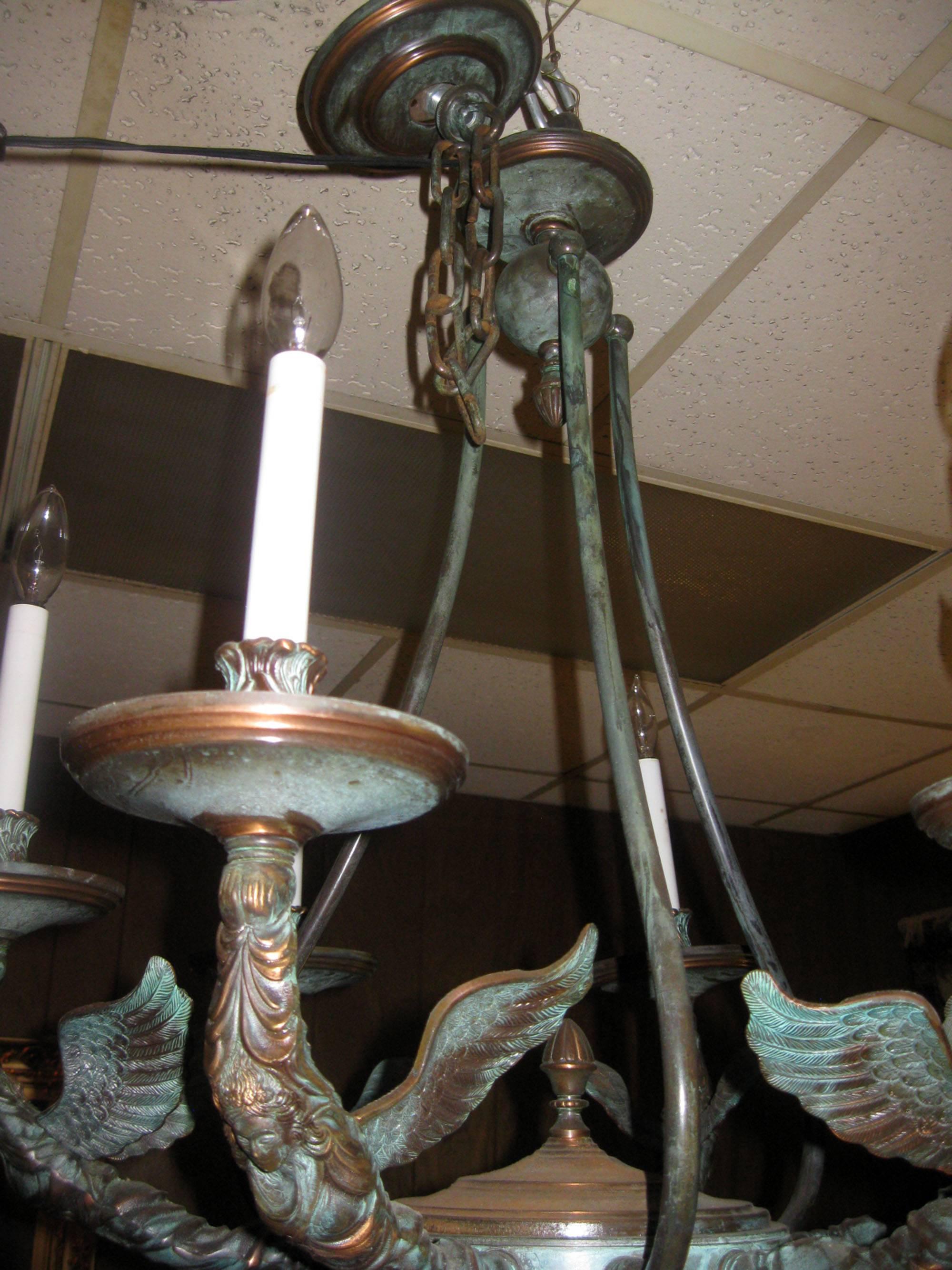 French Empire Patinated Bronze Figural Chandelier In Good Condition For Sale In Savannah, GA