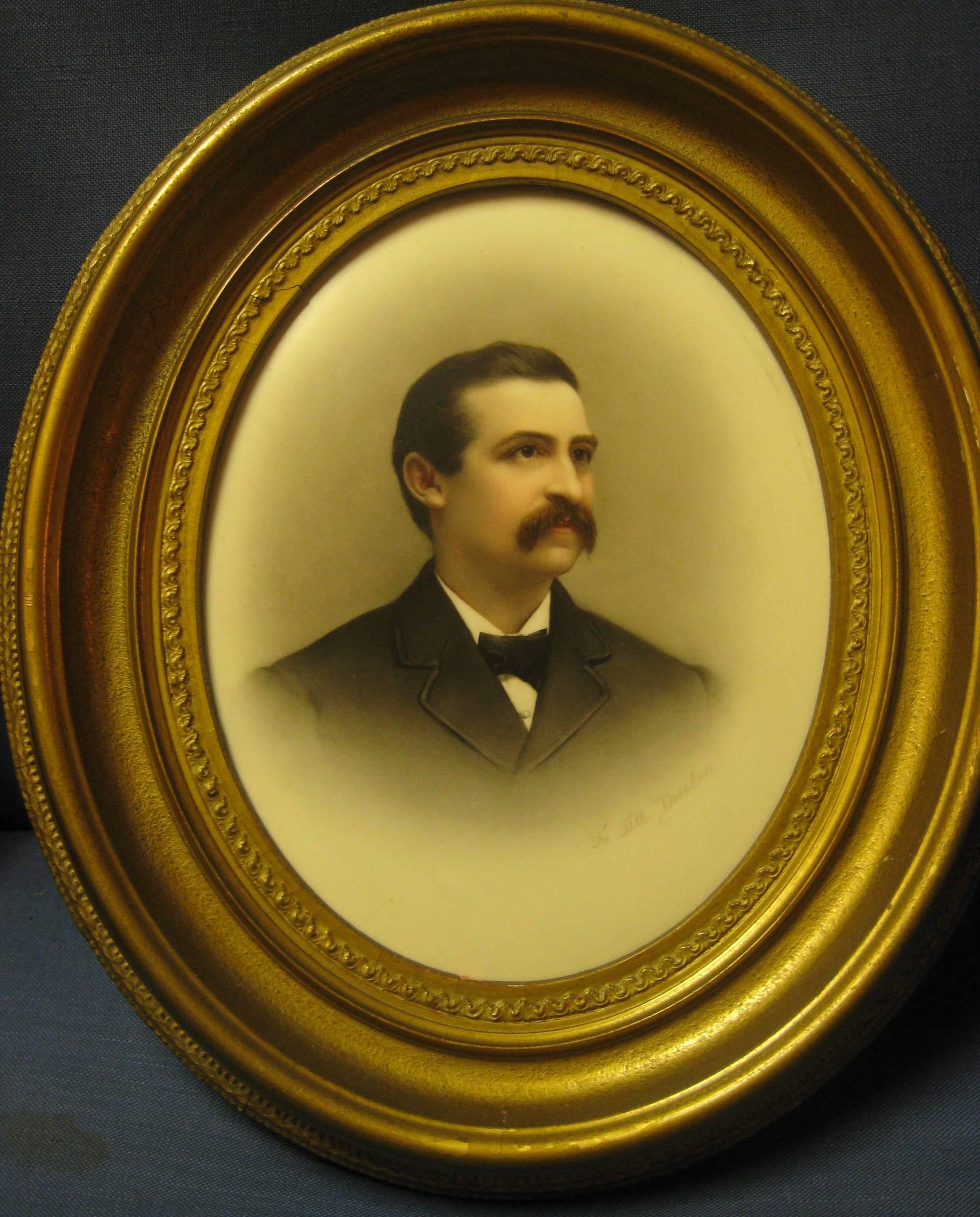 KPM or Königliche Porzellan-Manufaktur, (Royal Porcelain Factory) was one of the most influential porcelain factories to emerge in 18th-century Germany. This handsome moustached gentleman is S.J. Thurbro. The finely hand-painted KPM portrait on a