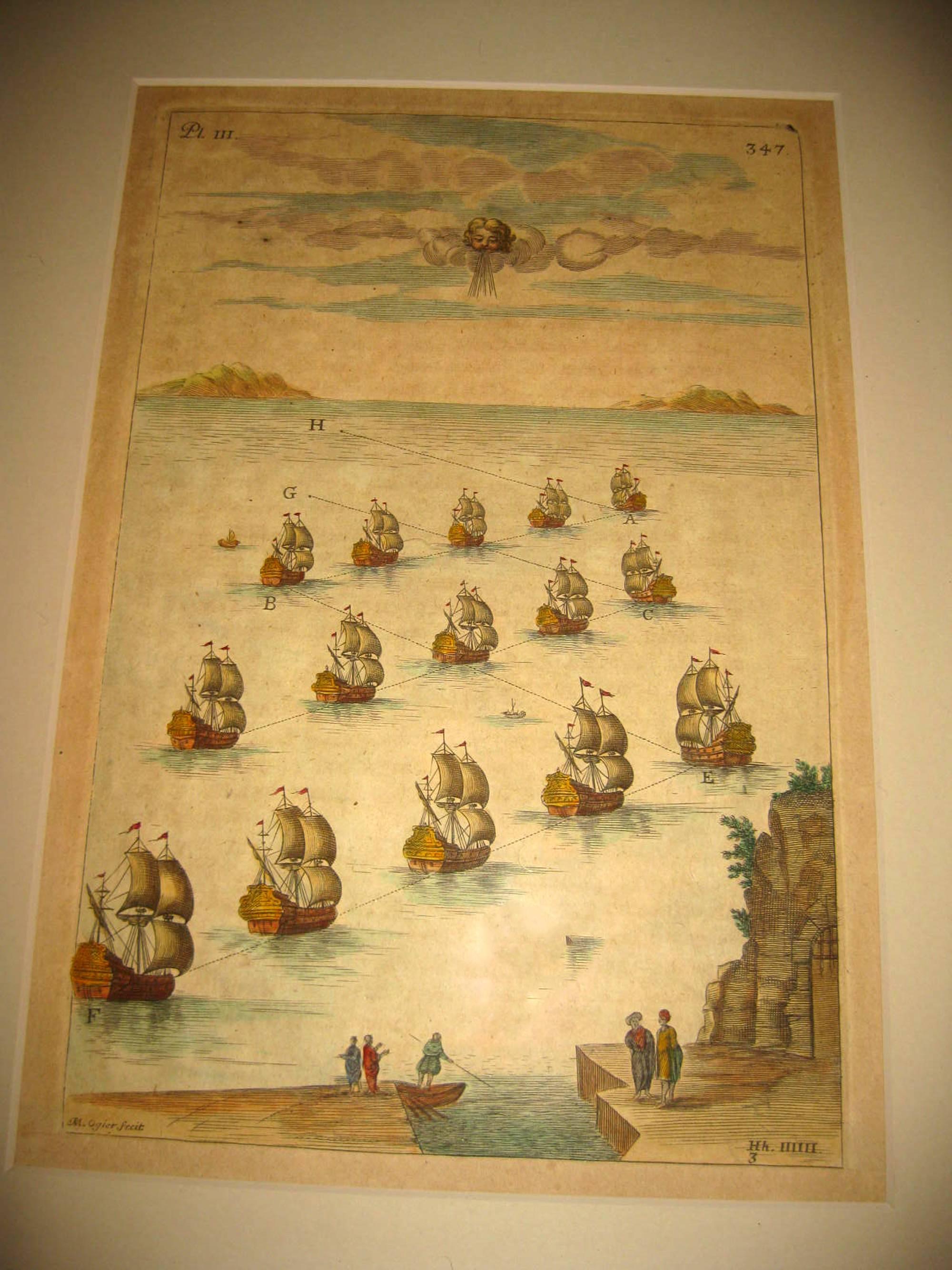Élisabéthain Ensemble de gravures nautiques colorées à la main du XVIIIe siècle en vente