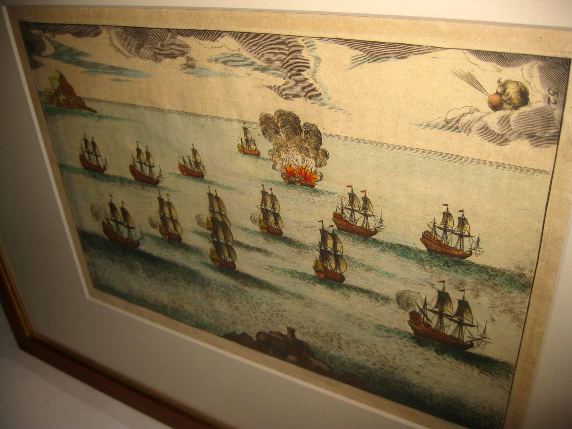 Signed M. Ogier (Fecit:by), this set of four hand colored engravings is part of a larger edition of plates. These plates are numbered PL 16, 347, 365 and 386. The subject is probably the Spanish Armada. Beautiful color and detail.
Newly matted and
