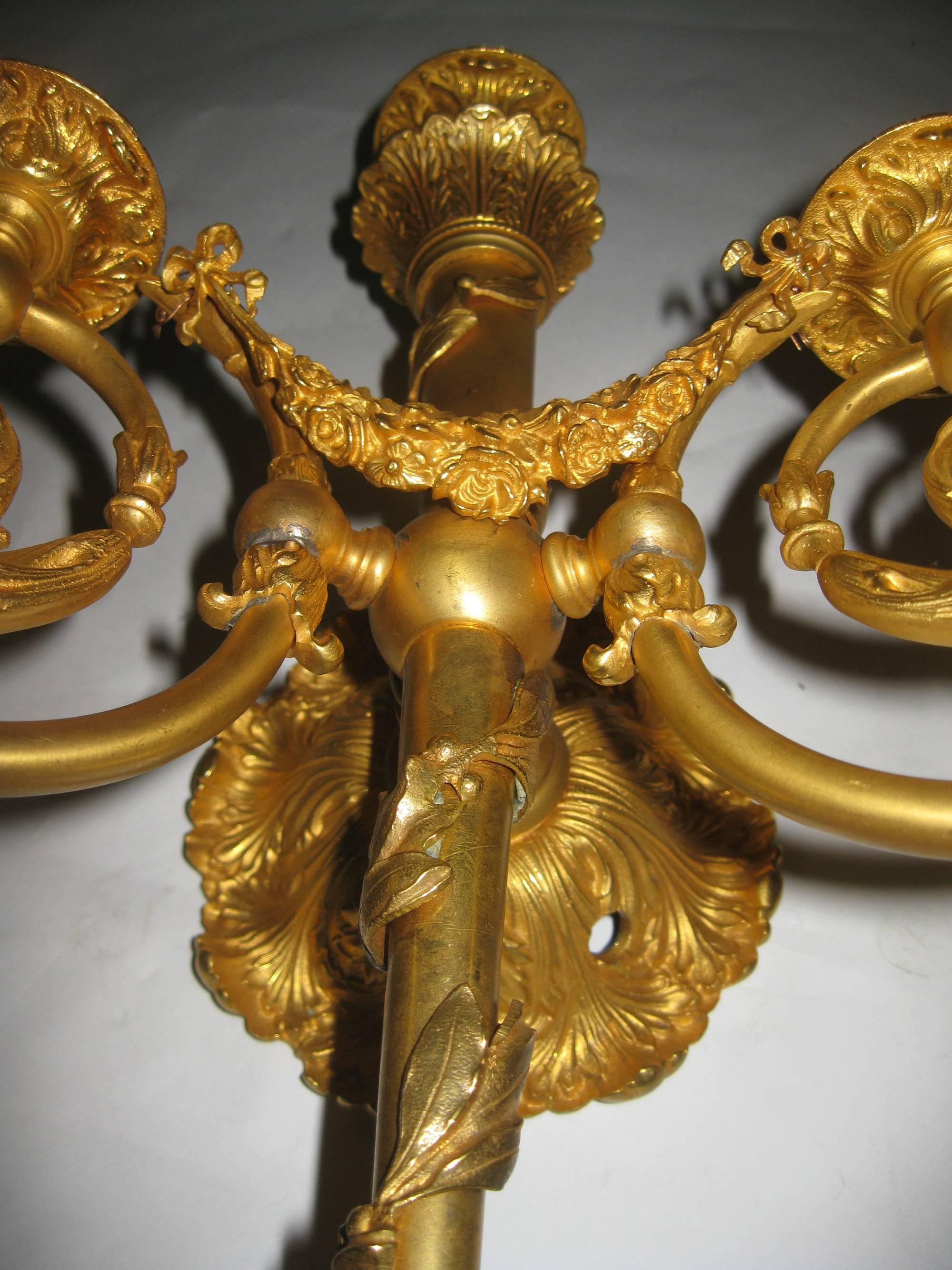 20th century Pair of French Bronze Doré Sconces For Sale 2