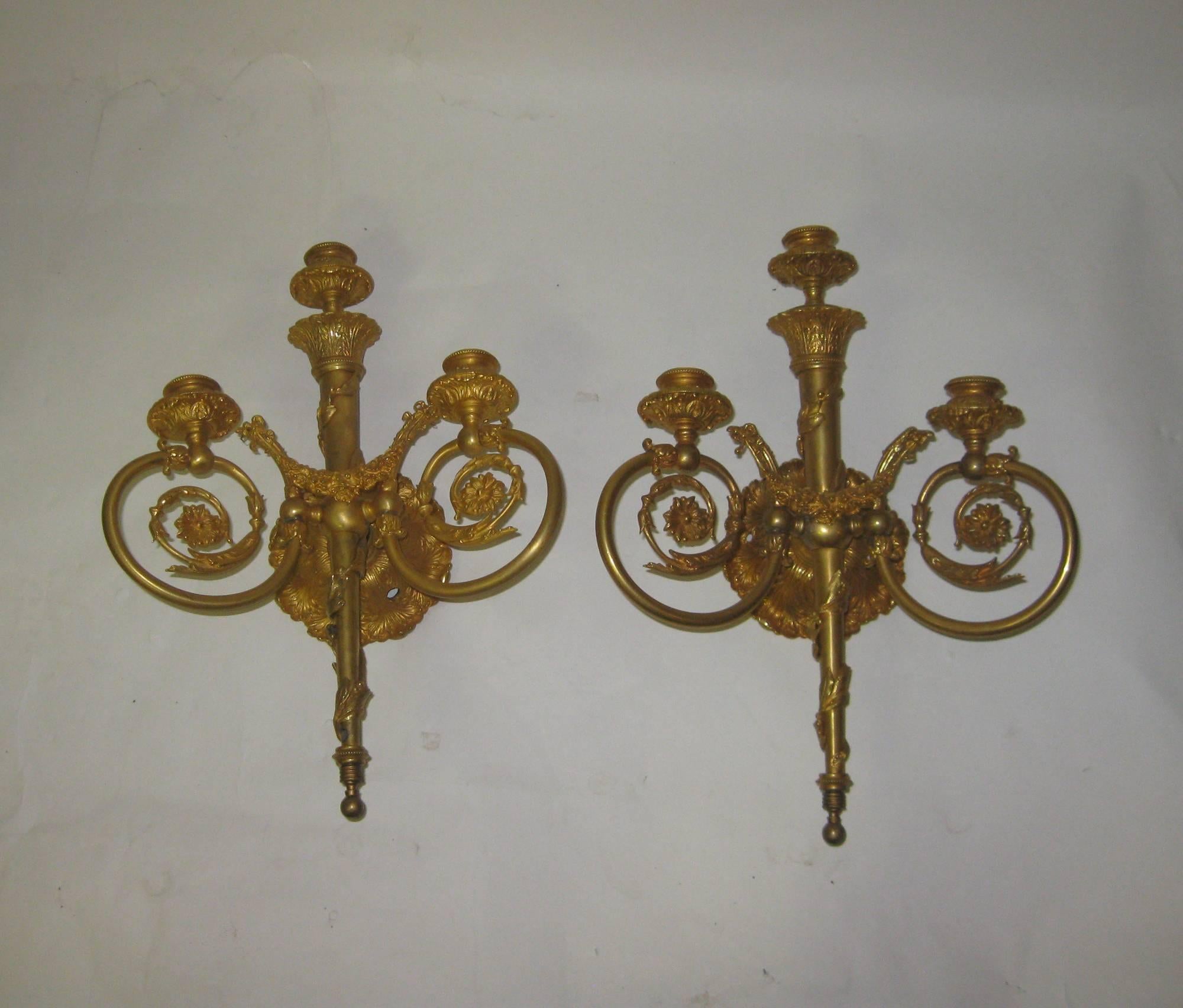 20th century Pair of French Bronze Doré Sconces For Sale 3