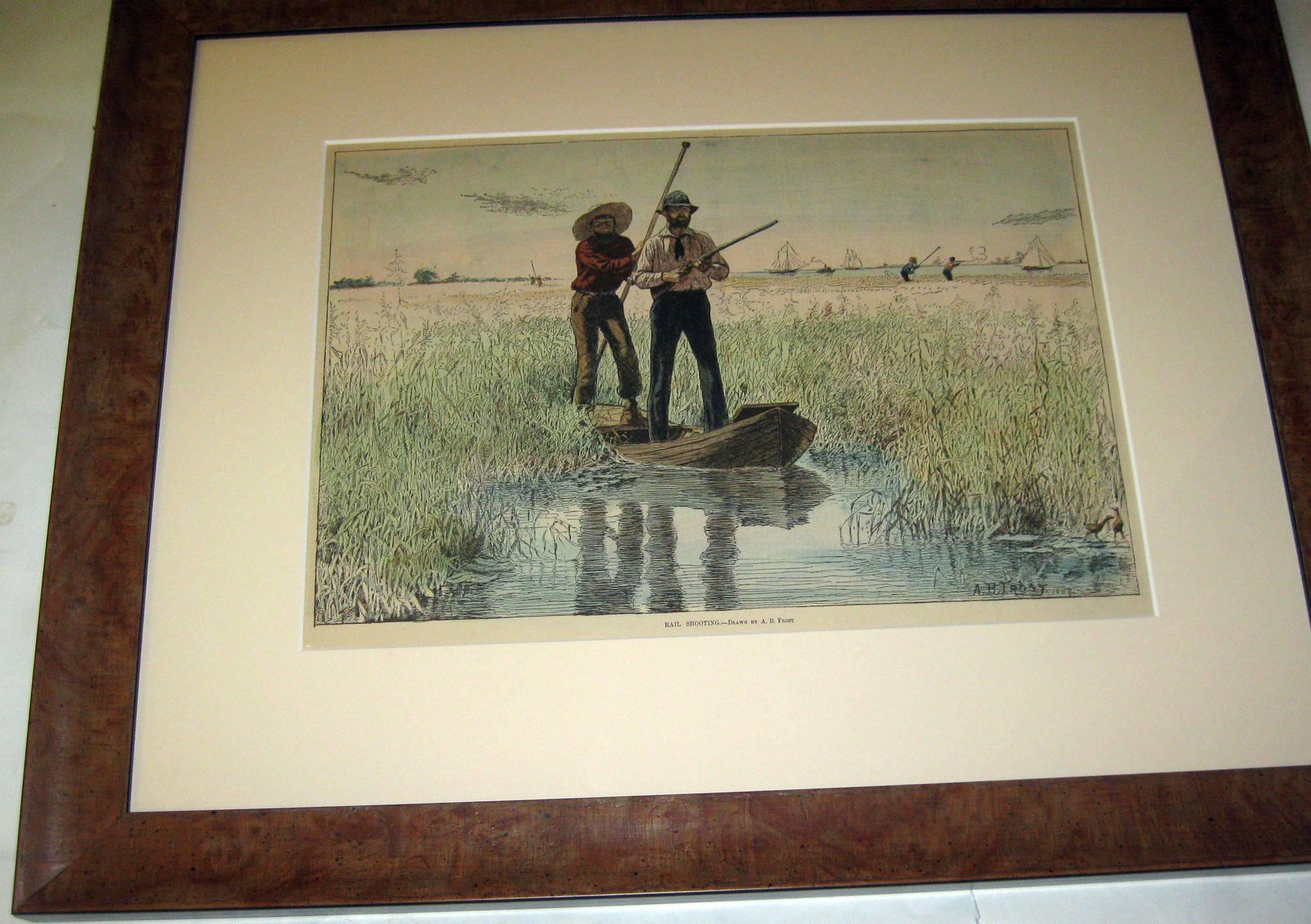 Set of four prints; Snipe Shooting- 1898, A Pot Hunter-1884,
A Tempting Shot- 1884, Rail Shooting-1898, from Harper's Weekly, New York, by A.B. Frost. Beautifully newly matted and framed in wooden frames. Frame edge measures 1.75 inches