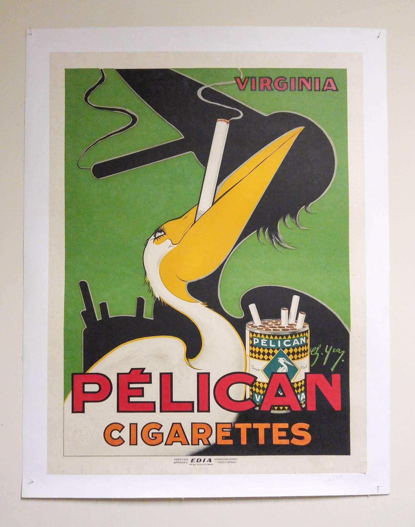 Pelican cigarettes French poster, circa 1925 by Charles Yray, advertising Virginia tobacco stylishly packaged. The poster is quintessentially Art Deco with the reverse Silhouette an interesting part of the design. Lithograph on paper mounted on