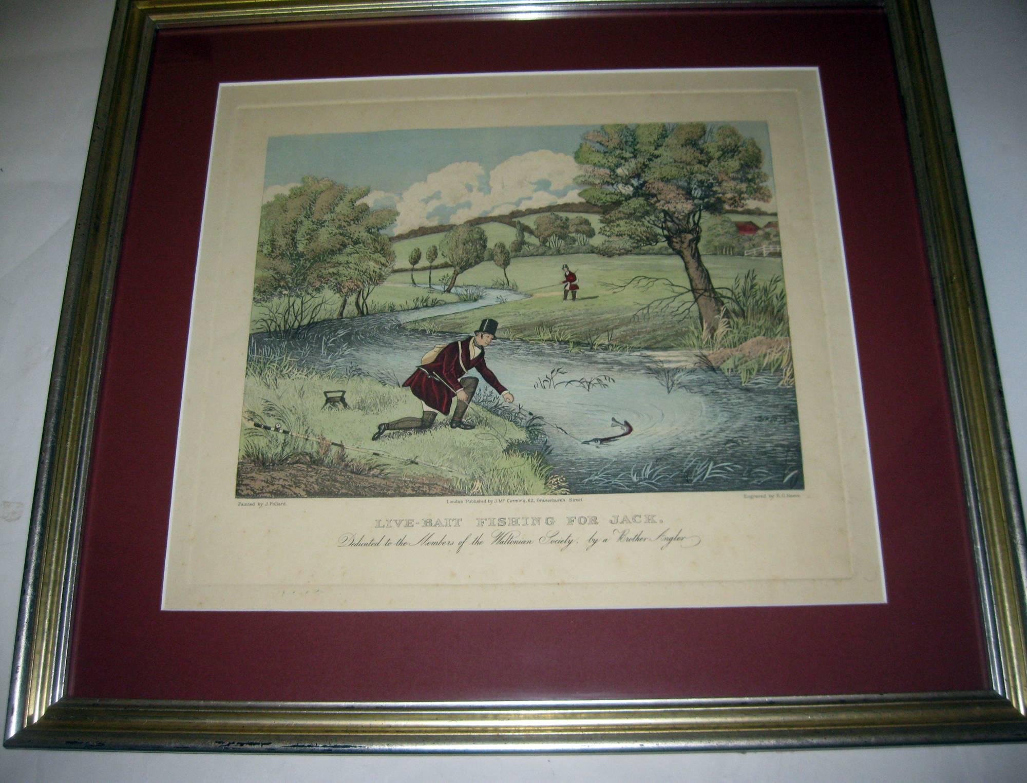 Pair of sportsman prints titled; Live-bait fishing for Jack and Fly-fishing for Trout.; Aquatints with original hand color. Done after James Pollard, by R G Reeve and published by J McCormick (printed on bottom of each print.) Framed and matted in