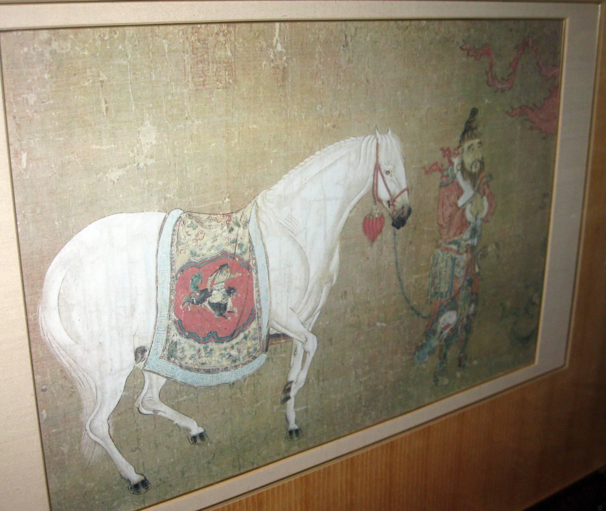 Chinese framed print detail of larger painting. Expertly framed with double mats of linen and simulated bamboo featuring gold leaf edging on both mats. 