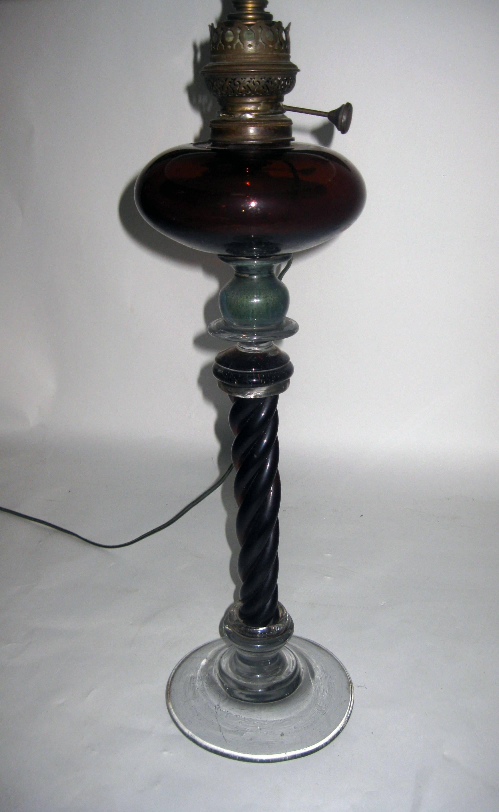 19th century American Twisted Cranberry Glass Column Lamp In Good Condition For Sale In Savannah, GA