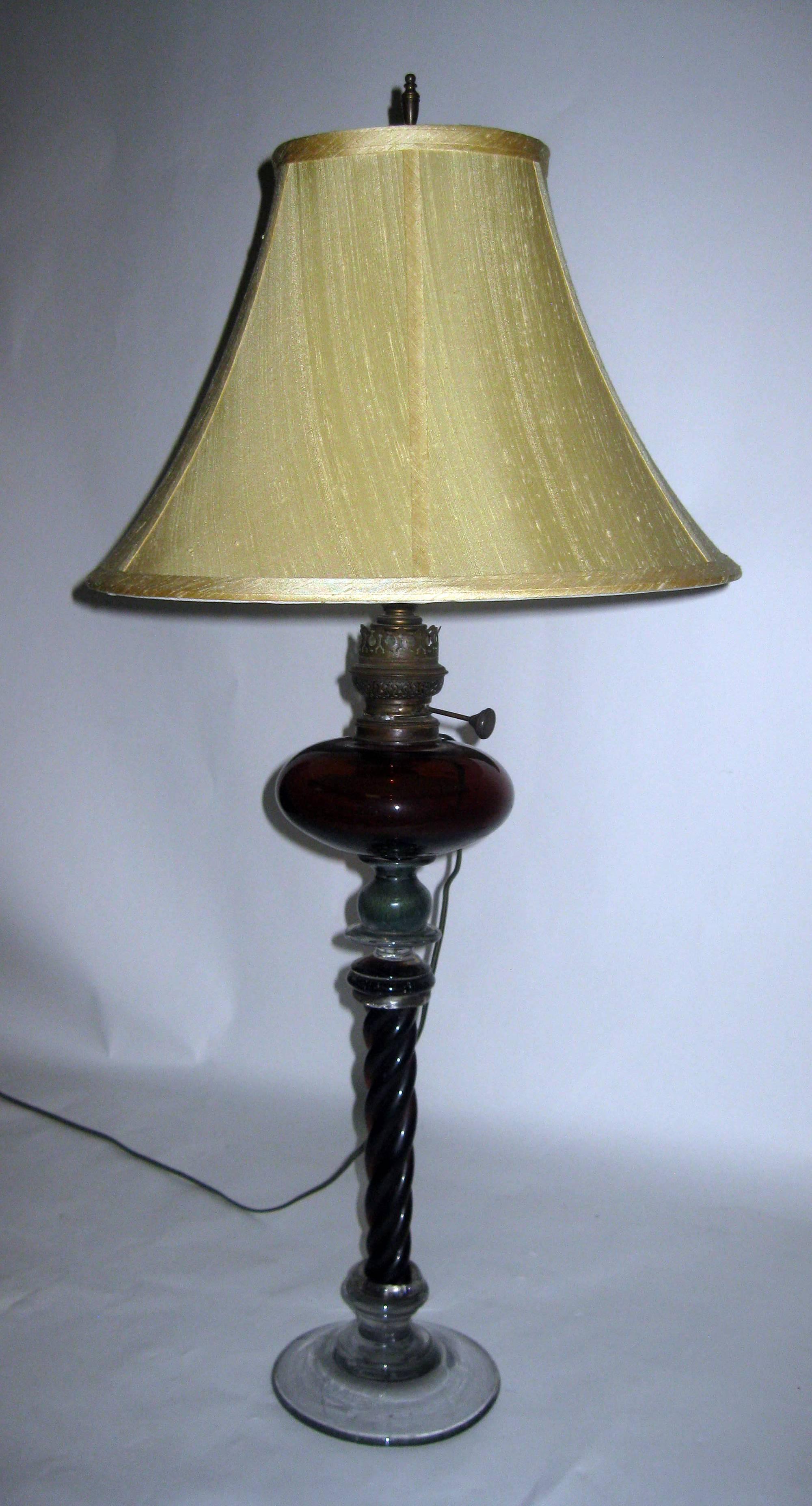 Mid-19th Century 19th century American Twisted Cranberry Glass Column Lamp For Sale