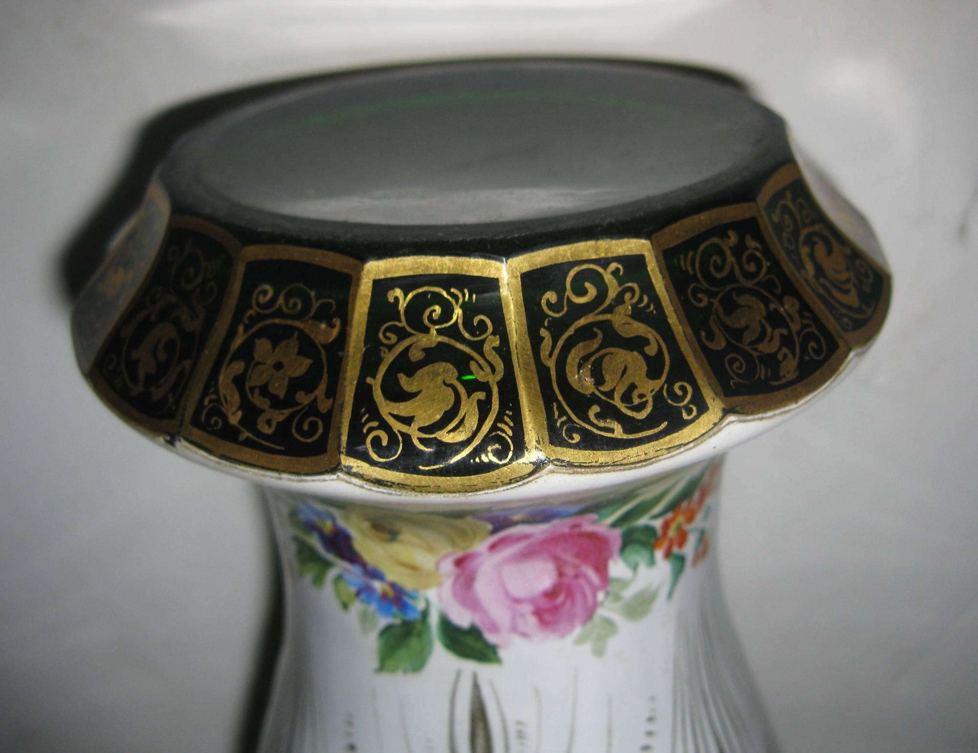 Czech 19th century Moser Green Bohemian Art Glass Overlay Vase with Roses