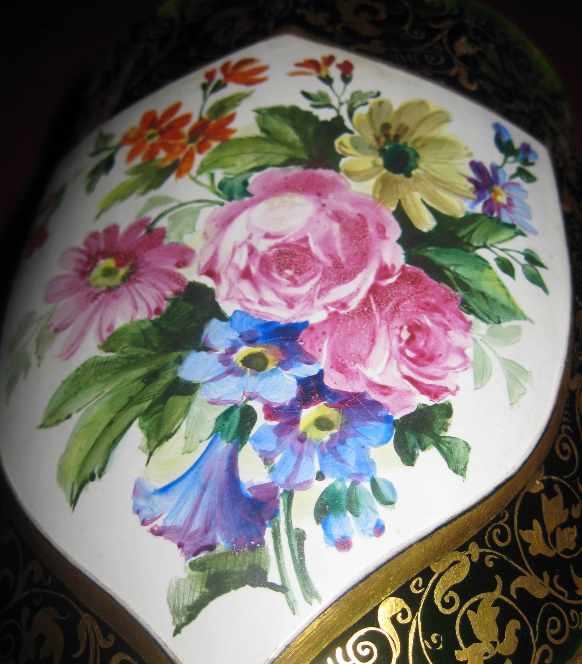 Enameled 19th century Moser Green Bohemian Art Glass Overlay Vase with Roses