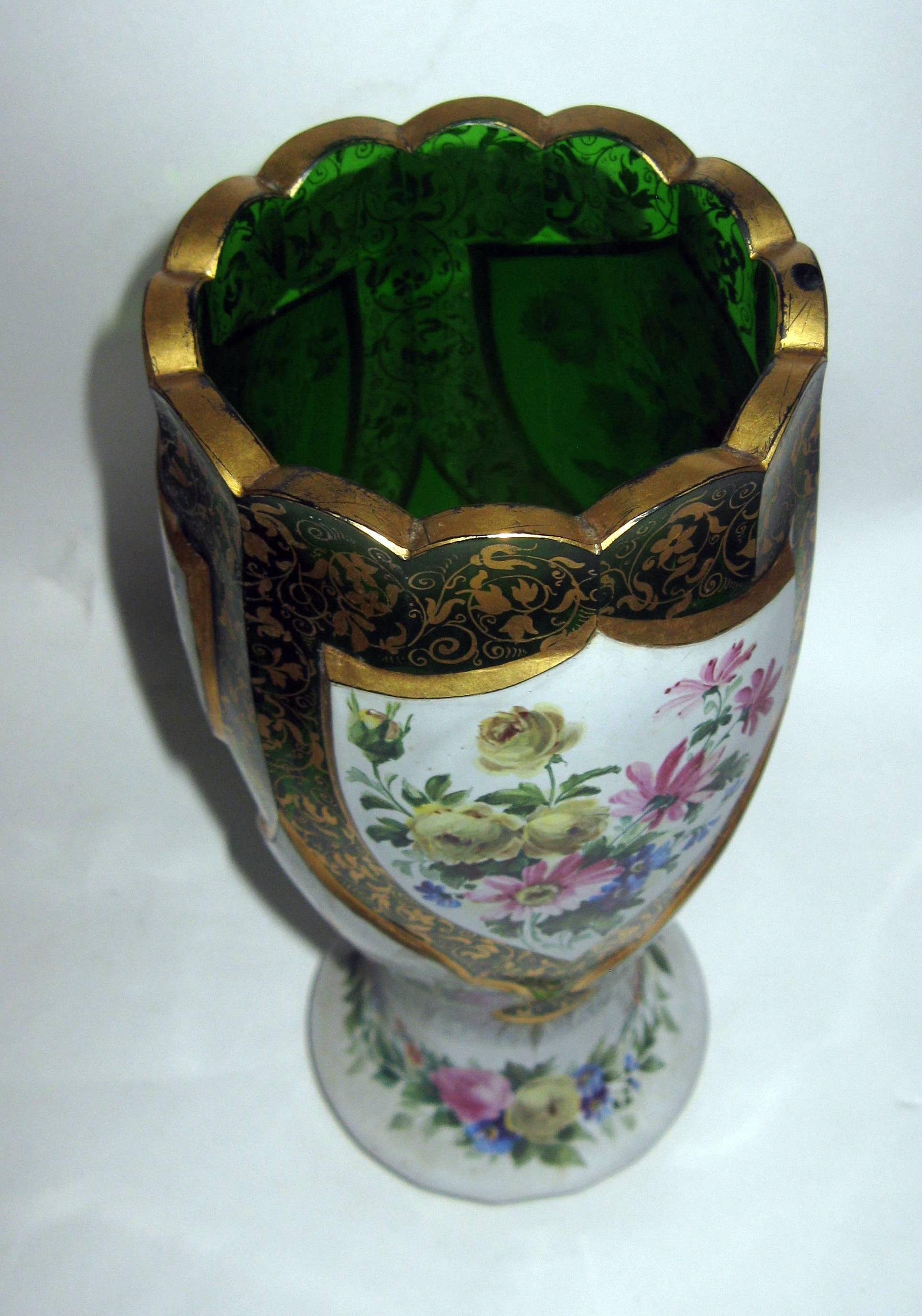 19th Century 19th century Moser Green Bohemian Art Glass Overlay Vase with Roses
