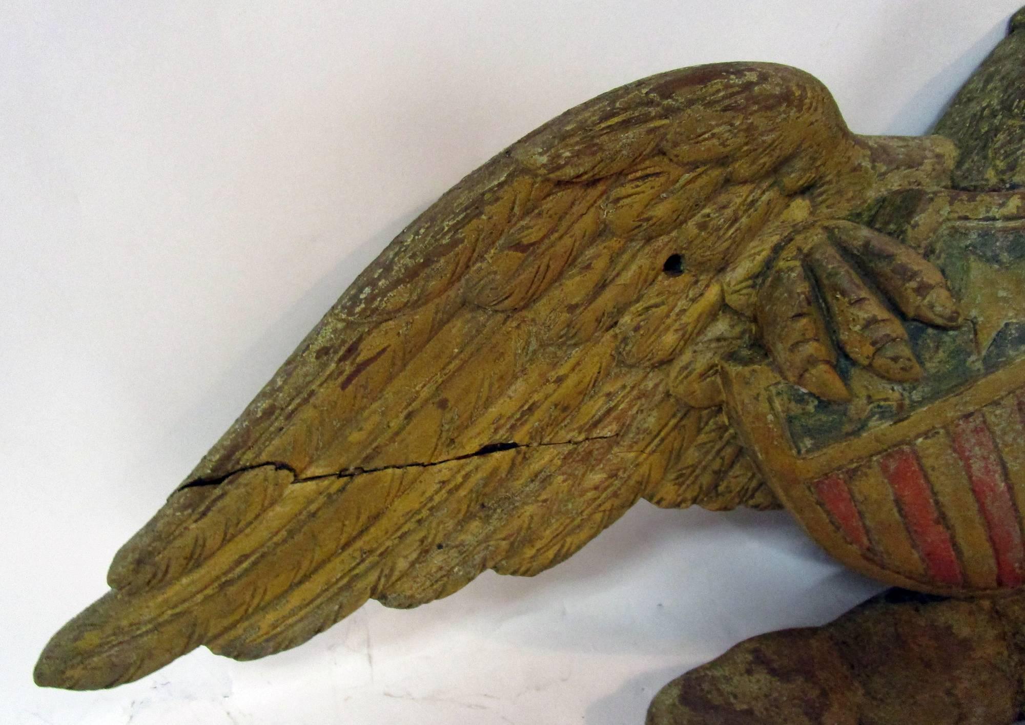 American Carved and Painted Wooden Eagle with Shield Attributed to John Haley Bellamy For Sale