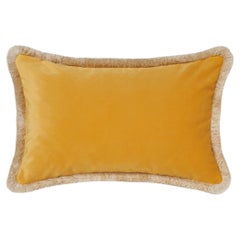 Golden Yellow Velvet Cushion with Beige Fringe, Made in Como, Italy