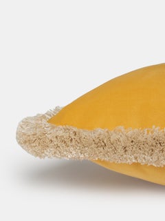 Golden Yellow Velvet Cushion with Beige Fringe, Made in Como, Italy