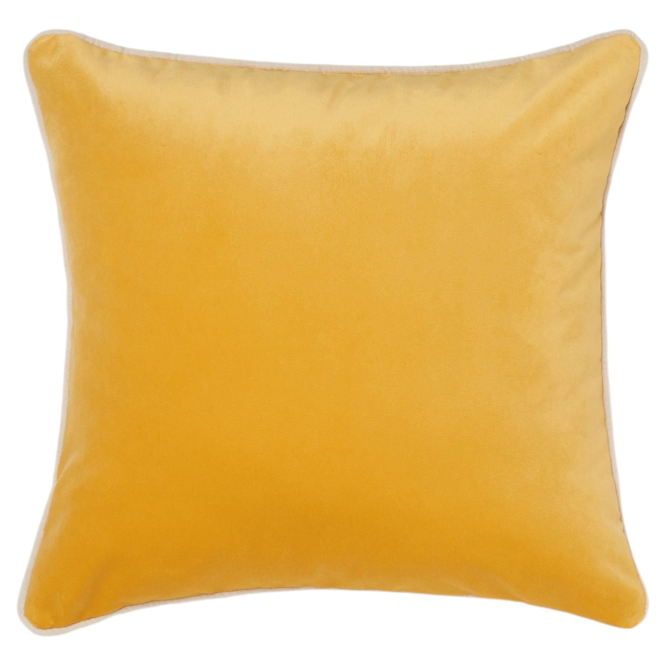 Golden Yellow Velvet Cushion with Ivory Piping, Made in Como, Italy