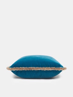 Teal Velvet Cushion with Beige Fringe, Made in Como, Italy