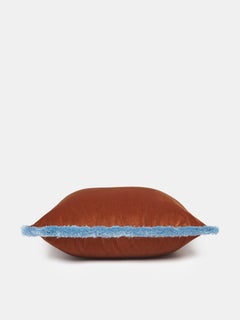 Rust Velvet Cushion with Light Blue Fringe, Made in Como, Italy