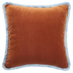 Rust Velvet Cushion with Light Blue Fringe, Made in Como, Italy