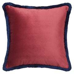 Raspberry Velvet Cushion with Navy Blue Fringe, Made in Como, Italy