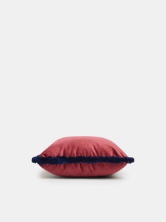 Raspberry Velvet Cushion with Navy Blue Fringe, Made in Como, Italy